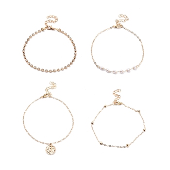 4Pcs 4 Style Alloy Chain Anklets Set with Resin Pearl Beaded and Flat Round Charm, Clear Cubic Zirconia Tennis Anklets for Women, Light Gold, 8.46~9.25 inch(21.5~23.5cm)