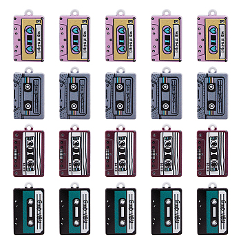 32Pcs 4 Colors Printed Alloy Pendants, Cassette Tape, Platinum, Mixed Color, 25.5x14.5x2.5mm, Hole: 1.6mm, 8pcs/color