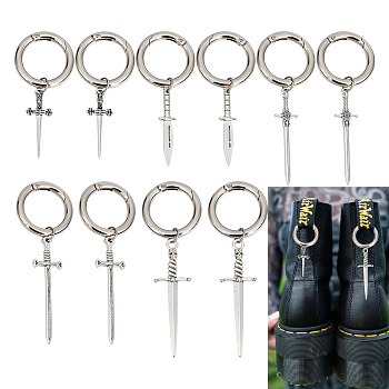 12Pcs 6 Style Tibetan Style Alloy Shoe Charms, with Spring Gate Rings, Dagger, Platinum, 65~88mm, 2pcs/style