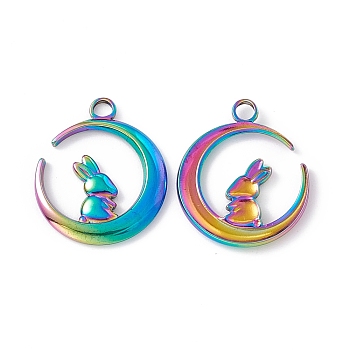 Ion Plating(IP) 304 Stainless Steel Pendants, Moon with Rabbit, Rainbow Color, 24x20x2mm, Hole: 3mm