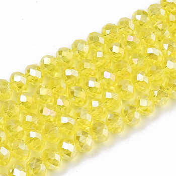 Electroplate Glass Beads Strands, AB Color Plated, Faceted, Rondelle, Champagne Yellow, 4x3mm, Hole: 0.4mm, about 123~127pcs/strand, 16.5~16.9 inch(42~43cm)