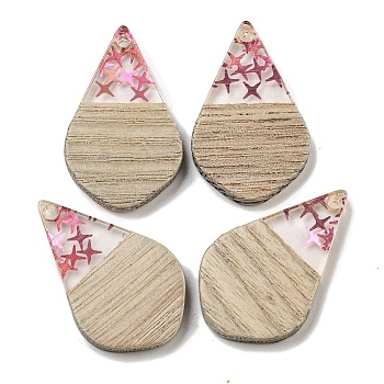 Wooden Pendants, Resin and Gold Foil, Teardrop, Cerise, 28x18x4mm, Hole: 2mm