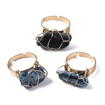 Adjustable Natural Kyanite Finger Rings, with Light Gold Brass Findings, Nuggets, US Size 8 1/4(18.3mm)