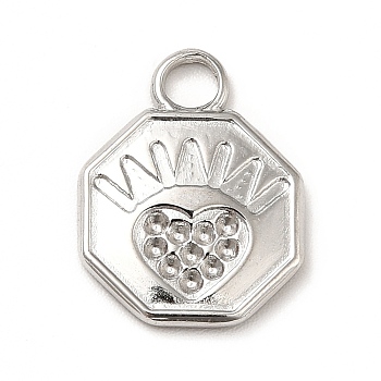 Ion Plating(IP) 304 Stainless Steel Pendant Rhinestone Settings, Hexagon with Heart, Stainless Steel Color, Fit for 1mm Rhinestone, 16.5x12.5x2mm, Hole: 3mm