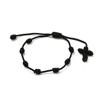 Adjustable Nylon Threads Braided Bracelets, Cross, Black, Inner Diameter: 1-3/4~3-3/8 inch(4.5~8.5cm)