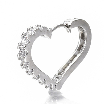 Brass Micro Pave Clear Cubic Zirconia Huggie Hoop Earrings, Nickel Free, Heart, Real Platinum Plated, 20x28x3mm, Pin: 1x1mm