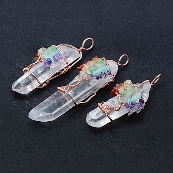 Natural Quartz Crystal and Mix Gemstone Big Pointed Pendants, with Brass Findings, Bullet, Rose Gold, 73.5~99x25~27x24~28mm, Hole: 6~6.5x8~9mm