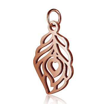 304 Stainless Steel Pendants, Feather, Rose Gold, 17.5x10.5x1mm, Hole: 2.5mm
