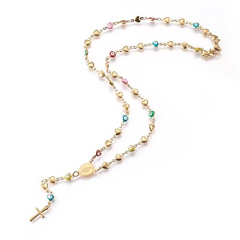 304 Stainless Steel Rosary Bead Necklaces, with Enamel Evil Eye, Oval with Virgin Mary, Cross, Golden, 19 inch(48.3cm)