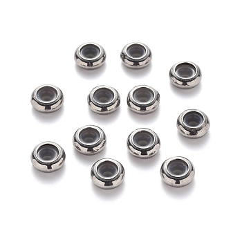 304 Stainless Steel Beads, with Rubber Inside, Slider Beads, Stopper Beads, Rondelle, Stainless Steel Color, 7x3mm, Hole: 4mm, Rubber Hole: 1.6mm