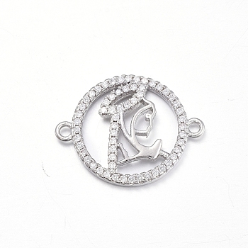 Brass Micro Pave Clear Cubic Zirconia Links connectors, Flat Round with Virgin Mary, Platinum, 17x21x2.5mm, Hole: 1.4mm