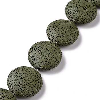 Flat Round Dyed Natural Lava Rock Beads Strands, Dark Olive Green, 32~33x8mm, Hole: 2mm, about 12pcs/strand, 15 inch