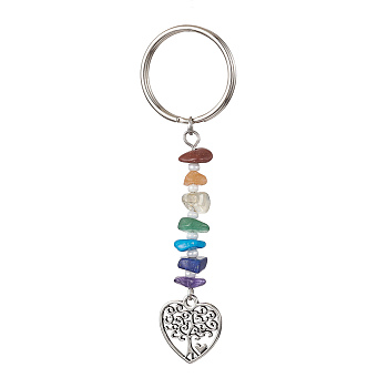 Chakra Natural Gemstone Chips Keychains, Alloy Tree of Life Pendant Keychains, Heart, 8.5cm, Pendant: 18.5x17x1.5mm