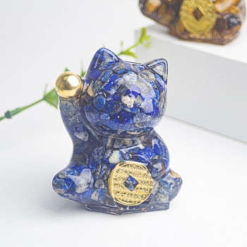 Resin Fortune Cat Display Decoration, with Natural Lapis Lazuli Chips inside Statues for Home Office Decorations, 55x40x60mm