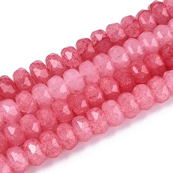 Imitation Jade Crackle Glass Beads Strands, Rondelle, Faceted, Light Coral, 7.5~8x5~5.5mm, Hole: 1.4mm, about 70~71pcs/strand, 14.57~14.76 inch(37~37.5cm)