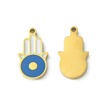 Ion Plating(IP) 304 Stainless Steel Manual Polishing Charms, with Enamel, Hamsa Hand/Hand of Miriam with Evil Eye, Golden, 13.5x7.5x1.5mm, Hole: 1mm