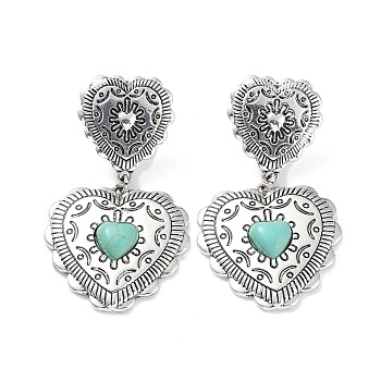 Valentine's Day Heart Jewelry for Women, Alloy with Synthetic Turquoise Dangle Stud Earrings, Antique Silver, Heart, 61x33mm