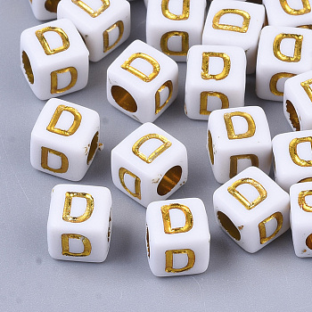 Plating Acrylic Beads, Horizontal Hole, Golden Metal Enlaced, Alphabet Style, Cube, Letter.D, 5.5~6x5.5~6x5.5~6mm, Hole: 3.5mm, about 3000pcs/500g