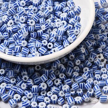 6/0 Opaque Colours Seep Glass Seed Beads, Round Hole, Round with Stripe Pattern, Blue, 3~4.5x3~4.5mm, Hole: 1.2~1.5mm, about 450g/bag