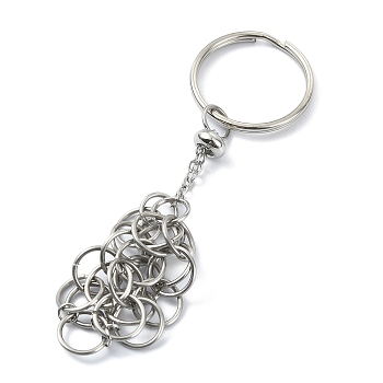 304 Stainless Steel Braided Macrame Pouch Empty Stone Holder for Keychain, with Iron Split Key Rings, Stainless Steel Color, 96mm