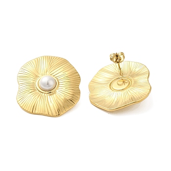 304 Stainless Steel Shell Pearl Flower Stud Earrings for Women, Golden, 35x29.5mm