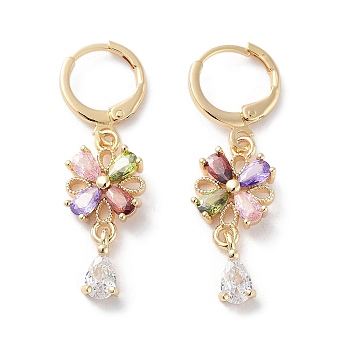 Flower Rack Plating Golden Brass Dangle Leverback Earrings, with Cubic Zirconia for Women, Colorful, 36.5x10.5mm