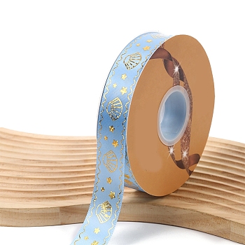 48 Yards Gold Stamping Polyester Ribbon, Shell Printed Ribbon for Gift Wrapping, Party Decorations, Light Sky Blue, 1 inch(25mm)