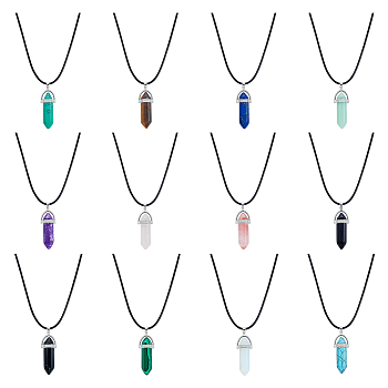 12Pcs 12 Styles Double Terminated Pointed Bullet Natural & Synthetic Mixed Gemstone Pendant Necklaces with Wax Cords, 17.76 inch(45.1cm), 1Pc/style