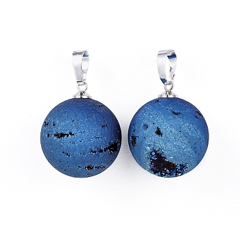 Electroplate Natural Druzy Geode Agate Pendants, with Brass Findings, Round, Platinum, Blue Plated, 23.5x20~20.5mm, Hole: 4.5x7mm