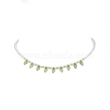 Acrylic Leaf Charm Necklace with Imitation Pearl Beaded for Women(NJEW-JN04138)-4