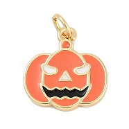 Brass Enamel Pendants, with Jump Ring, Pumpkin Charms, Long-Lasting Plated, Lead Free & Cadmium Free, Rack Plating, Real 18K Gold Plated, Orange, 15.5x14.5x2mm, Hole: 3mm(KK-Q028-53G)