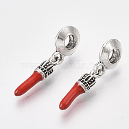 Antique Silver Plated Alloy European Dangle Charms, with Enamel, Large Hole Pendants, Pepper, Red, 26mm, Hole: 4mm, Pepper: 17x4mm(X-MPDL-S067-56)