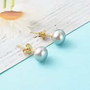 Natural Pearl Rondelle Stud Earrings, 304 Stainless Steel Earring Post, Golden, Light Blue, 7~7.5mm, Pin: 0.7mm(EJEW-JE04585-02)