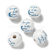 Printed Wood European Beads, Round with Word Pattern, Steel Blue, 15.5~16mm, Hole: 4~4.5mm(WOOD-G022-20E)