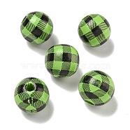 Printed Wood European Beads, Round with Tartan Pattern, Lime Green, 15.5~16mm, Hole: 4~4.5mm(WOOD-G022-13I)