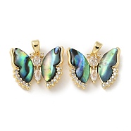 Brass Clear Cubic Zirconia Pendants, Natural Paua Shell Butterfly Charms, Golden, 16x20x4.5mm, Hole: 4x2.5mm(KK-R210-12G-02)