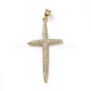 Brass Micro Pave Cubic Zirconia Pendants, Cross, Clear, Golden, 38.8x20x2mm, Hole: 4x5mm(ZIRC-G159-02G-05)