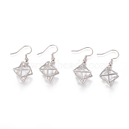 Natural Quartz Crystal Dangle Earrings, with Brass Findings, Round Bead Inside, Geometry, 38mm, Pin: 0.7mm(EJEW-K080-A04)
