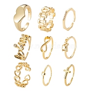 9Pcs 9 Style Brass Cuff Rings, Open Rings, Long-Lasting Plated, for Finger Rings, Word & Heart & Octagon & Infinity & Cross & Rectangle, Golden, US Size 6(16.5mm)~US Size 7 1/4(17.5mm), 1pc/style(RJEW-LS0001-11G)