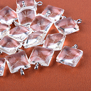 Square Alloy Glass Pendants, Cadmium Free & Lead Free, with Dried Dandelion Inside, For Dandelion Wish Necklaces Making, Platinum, 27x20x10~11mm, Hole: 4.5x2.5mm(GLAA-Q048-20mm-02P)