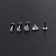 Titanium Steel Threadless Labrets, with Clear Cubic Zirconia, Stainless Steel Color, Round, 2x2mm, Pole: 6mm(WG64015-01)