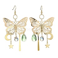 Butterfly & Moon & Star Brass Chandelier Earrings, Glass Long Drop Earrings, Golden, 90x50mm(EJEW-TA00361)