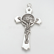 Tibetan Style Alloy Pendant Rhinestone Settings, Cadmium Free & Lead Free, Crucifix Cross with Word, For Easter, Antique Silver, 71x39x4mm, Hole: 3.5mm, Fit for 3mm rhinestone, about 130pcs/1000g(TIBE-S310-047AS-LF)