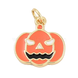 Brass Enamel Pendants, with Jump Ring, Pumpkin Charms, Long-Lasting Plated, Lead Free & Cadmium Free, Rack Plating, Real 18K Gold Plated, Orange, 15.5x14.5x2mm, Hole: 3mm(KK-Q028-53G)