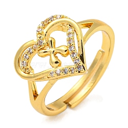 Heart with Letter Rack Plating Brass Micro Pave Clear Cubic Zirconia Adjustable Rings for Women, Lead Free & Cadmium Free, Real 18K Gold Plated, Letter X, Inner Diameter: 16mm(RJEW-I105-01G-X)