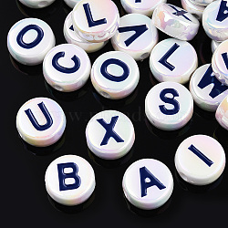 UV Plating Enamel Acrylic Beads, Iridescent, Mixed Letter, Flat Round, Prussian Blue, 15x7mm, Hole: 2.2mm(PACR-N015-01A)