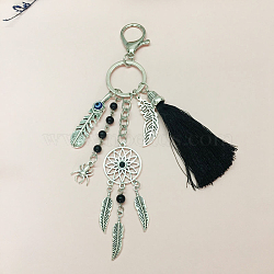 Alloy Feather Keychains, with Tassel, Black, 17.2x6cm(PW23030910211)