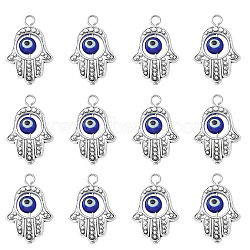 Alloy Lampwork Pendants, Hamsa Hand/Hand of F-atima/Hand of Miriam with Evil Eye, Antique Silver, 24.5x17mm(PALLOY-CJ0001-168)