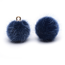 Handmade Faux Mink Fur Covered Pendants, with Alloy Findings, Round, Golden, Marine Blue, 16~17x13.5~14mm, Hole: 1.5mm(X-WOVE-S108-03H)