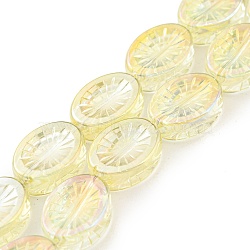 Electroplate Glass Bead Strands, Full Rainbow Plated, Oval with Flower, Light Yellow, 14x10.4x4.8mm, Hole: 1.2mm, about 45pcs/strand, 25.04 inch(63.6cm)(EGLA-G037-13A-FR01)